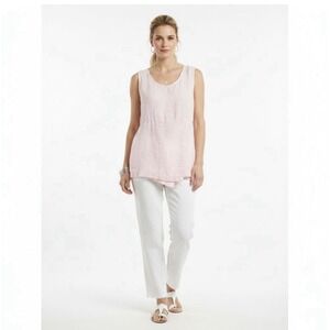 Flax 100% Linen Pale Pink Short Sleeve Tunic Tank Top Sz MD Boho Whimsy‎ Alt*